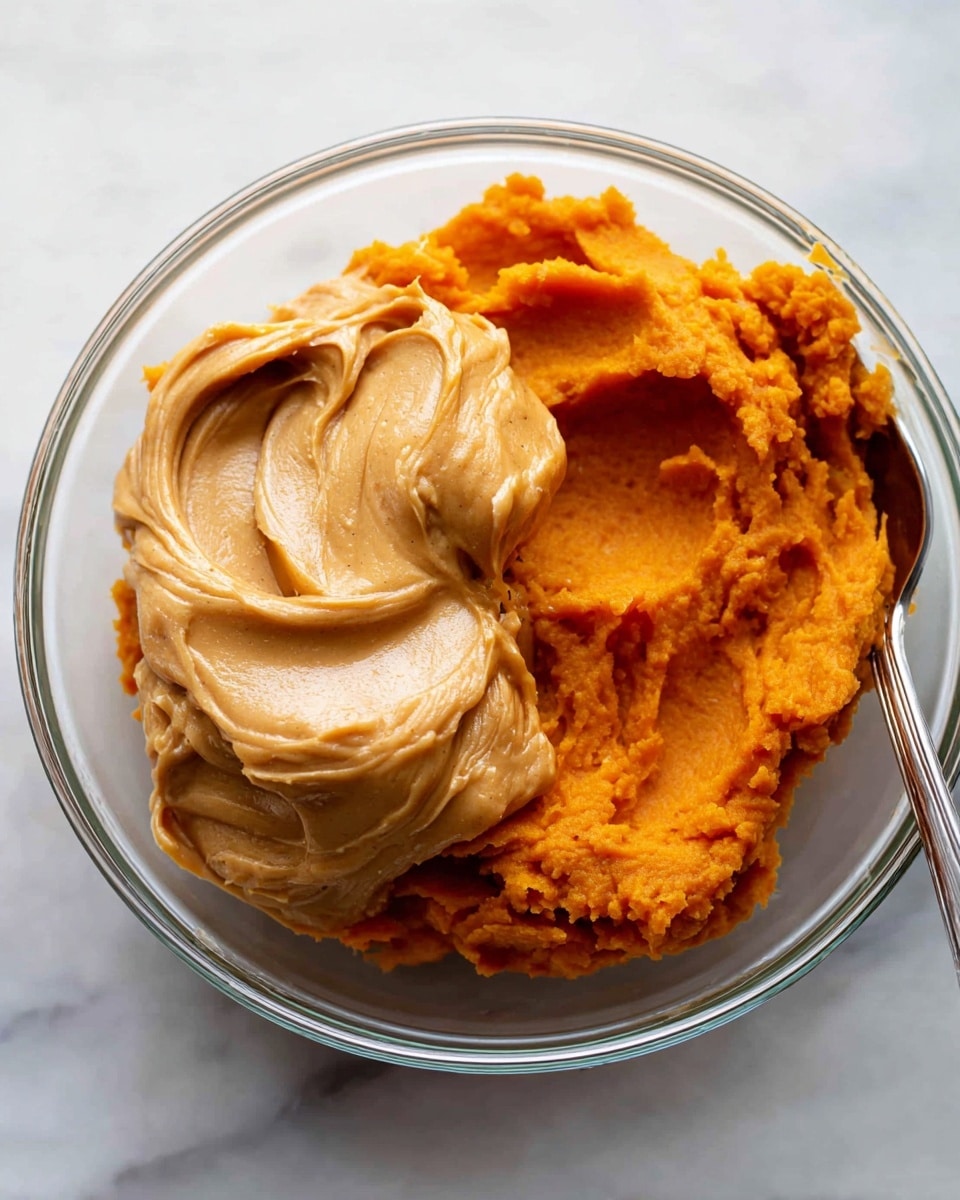 In a clear glass bowl on a white marbled surface, there are two thick layers: a bright orange mashed sweet potato layer fills the bowl's bottom right side with a smooth, slightly textured surface, and on top, a large dollop of creamy light brown peanut butter is placed mainly on the left side, with soft swirls and peaks, partially overlapping the sweet potato. A metal spoon rests at the right edge of the bowl, slightly inside the mashed sweet potato layer. photo taken with an iphone --ar 4:5 --v 7