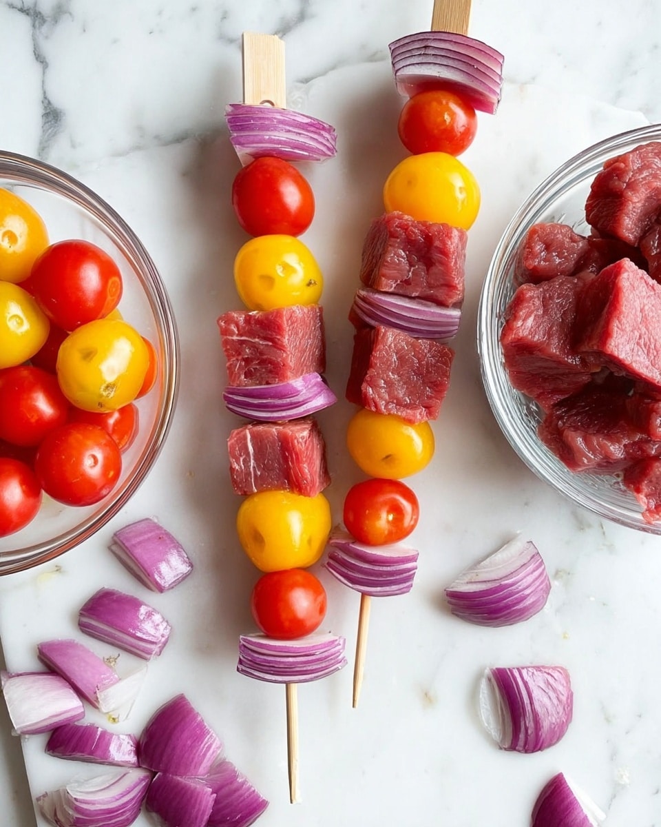 The image shows two wooden skewers each with five layers: starting with a purple onion wedge, followed by a red cherry tomato, a cube of raw red meat, a yellow cherry tomato, another cube of raw red meat, a red cherry tomato, another cube of raw red meat, a yellow cherry tomato, and ending with a purple onion wedge. Around the skewers, there are loose purple onion wedges scattered on a white marbled surface. On the left side, a clear glass bowl is filled with mixed red and yellow cherry tomatoes. On the right side, another clear glass bowl holds chunks of raw red meat. The scene is bright and clear. photo taken with an iphone --ar 4:5 --v 7