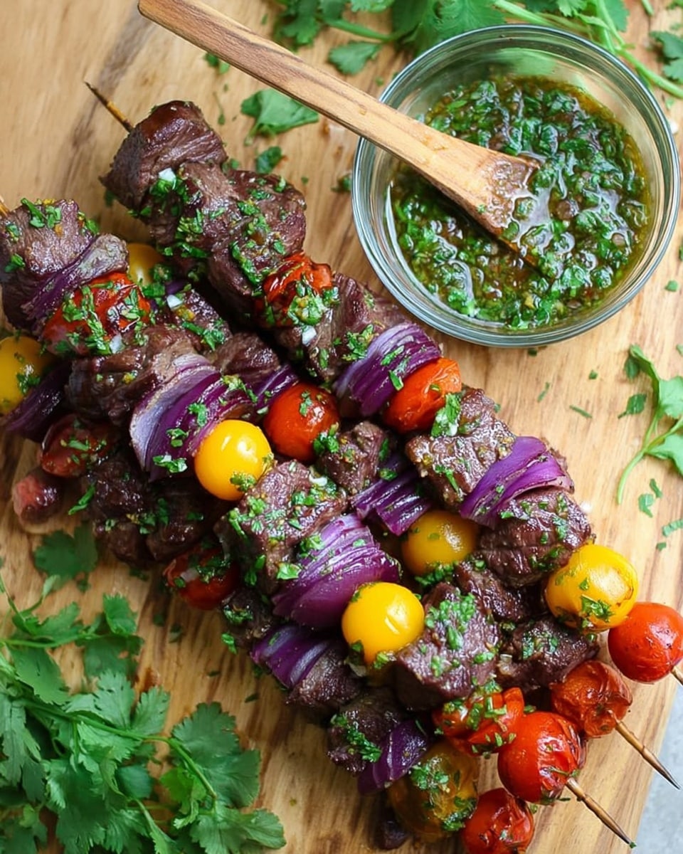The image shows three skewers lying on a wooden board, each skewer layered with grilled dark brown beef cubes, bright purple-red onion slices, shiny red cherry tomatoes, and yellow cherry tomatoes, all topped with finely chopped green herbs. Next to the skewers, there is a clear glass bowl filled with a green herb sauce mixed with small bits of purple onion, and a wooden spoon resting inside the bowl. Around the board, fresh green cilantro leaves are placed for decoration. The scene is bright and colorful, showing a fresh and tasty grilled dish photo taken with an iphone --ar 4:5 --v 7
