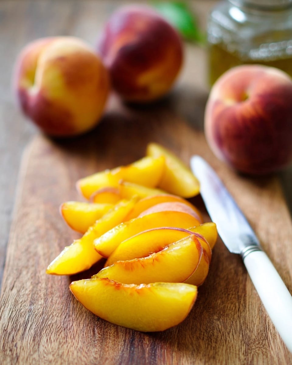 This image shows bright yellow-orange peach slices arranged in a small pile near the center on a wooden board. Around the slices, there is a silver knife with a white handle placed parallel to the slices on the right side. In the background, three whole peaches with a soft red and yellow blush are slightly out of focus. The scene is set on a wooden surface. Photo taken with an iphone --ar 4:5 --v 7