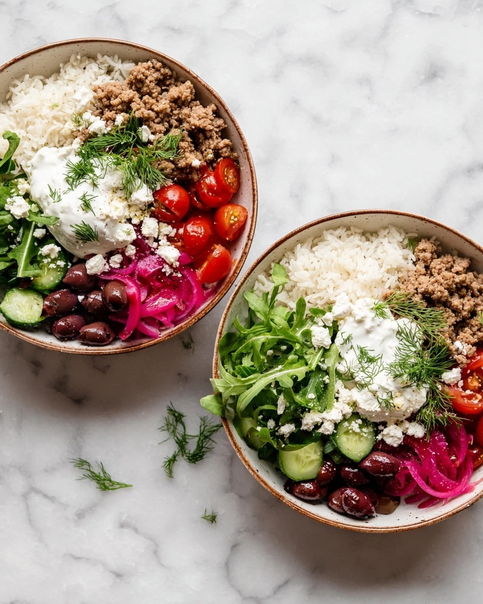 Two white bowls filled with a colorful layered dish set on a white marbled surface. Each bowl has five sections: a portion of plain white rice with a fluffy texture on the right side, cooked light brown ground meat with a crumbly look on the bottom right, sliced dark purple olives next to the meat, a mix of halved red cherry tomatoes and green cucumber pieces in the lower left, bright pink pickled onions above the olives, and fresh green leafy arugula on the top left. A dollop of creamy white yogurt sits near the center, topped with small crumbles of white feta cheese and some sprigs of fresh green dill scattered around. The bowls are round with a thin brown rim, and the photo is taken with an iphone --ar 4:5 --v 7