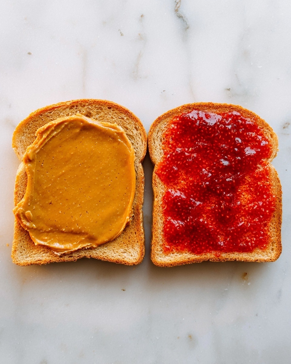 Two slices of toasted bread lie flat on a white marbled surface. The left slice is covered with a smooth, light brown layer of peanut butter, evenly spread to the edges with a slightly glossy texture. The right slice is topped with a chunky, bright red layer of strawberry jam, showing visible bits of fruit with a shiny, wet look. Both slices have a golden brown toasty color around the edges with a soft, slightly rough texture in the center. photo taken with an iphone --ar 4:5 --v 7