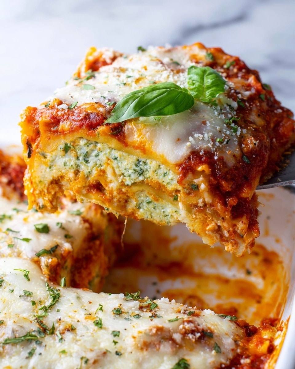 A white baking dish filled with baked lasagna that has three distinct layers: the bottom layer is a rich red tomato sauce spotted with herbs, the middle layer is creamy white cheese mixed with green herbs, and the top layer is melted white and lightly browned cheese covering the whole dish. A gold fork is lifting a piece showing all three layers with stringy melted cheese stretching from the dish. The dish is garnished with small green herb leaves, and the background is a white marbled surface. Photo taken with an iphone --ar 4:5 --v 7