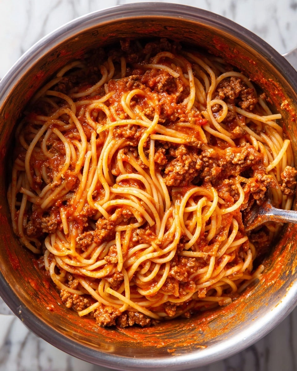Inside a pot, there is one layer of cooked spaghetti noodles mixed evenly with ground meat, all coated in a thick red tomato sauce. The noodles are long, smooth, and slightly shiny, blending with small chunky bits of meat that add texture throughout. A metal spoon with some sauce on it rests partially inside the pot, surrounded by remnants of sauce clinging to the pot’s inner sides. The pot itself is shiny and silver-colored on the inside, set against a white marbled surface. photo taken with an iphone --ar 4:5 --v 7