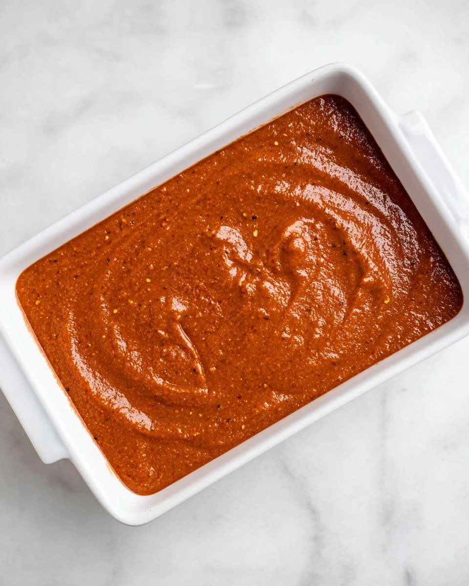 A single layer of smooth, reddish-brown sauce with small specks of spices spreads evenly inside a white rectangular dish. The sauce has a thick texture with visible swirls and slight ridges on the surface, showing it was recently stirred or smoothed. The dish sits on a white marbled surface, and the lighting softly highlights the glossy, rich appearance of the sauce. photo taken with an iphone --ar 4:5 --v 7