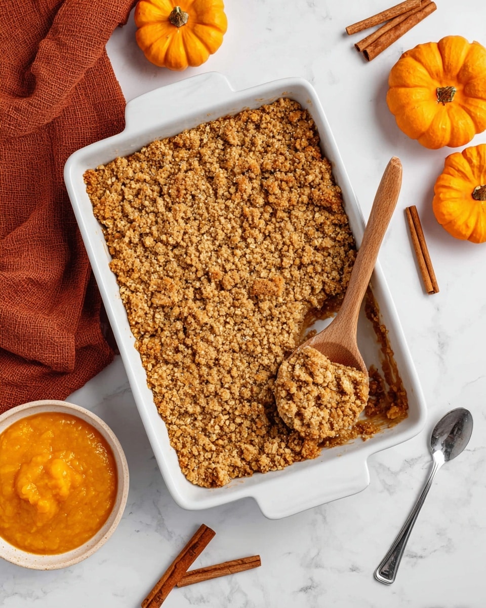 A white rectangular baking dish sits on a white marbled surface, filled with a single-layer crumble dessert that has a golden-brown, crisp texture made of oats and crumbly bits. A wooden spoon scoops out a square portion from the upper right corner, showing the thick layer with a slightly darker filling underneath the crumbly topping. Around the dish, there are small bright orange mini pumpkins, two cinnamon sticks, a silver spoon, and a white bowl with bright orange puree. A textured burnt orange cloth peeks in from the top left corner. Photo taken with an iphone --ar 4:5 --v 7