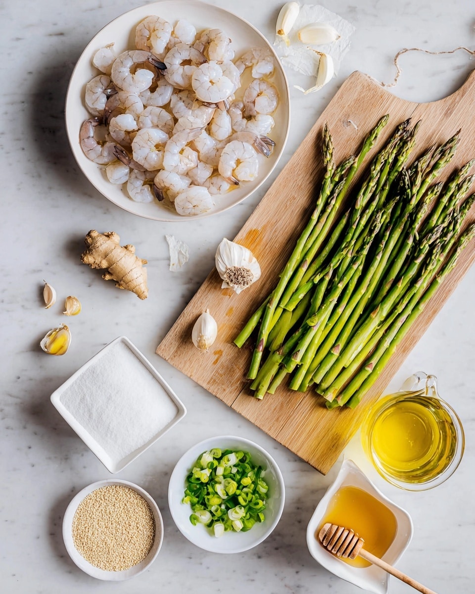 The image shows fresh shrimp piled in a white bowl on the left, with long green asparagus stalks laid out neatly on a wooden cutting board to the right. Below the shrimp bowl, some garlic cloves sit scattered, and next to them is a small white square dish with white powder. Above the cutting board is a small white bowl filled with light brown sesame seeds and a glass bottle filled with yellow oil nearby. At the bottom right, a white bowl holds chopped green onions, and next to it is a small white bowl of golden honey with a honey dipper resting inside. Below all these, there is a small pitcher with light yellow liquid and fresh ginger pieces. The whole setup rests on a white marbled surface. Photo taken with an iphone --ar 4:5 --v 7