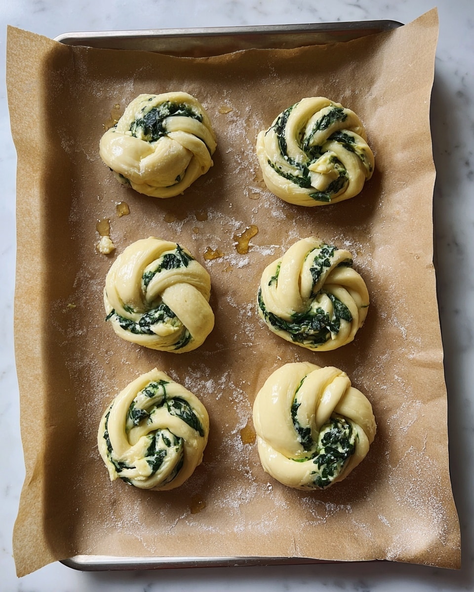 Six raw braided dough buns are placed on a sheet of brown parchment paper on a tray. Each bun has two visible layers: a smooth, shiny pale yellow dough twisted to enclose a filling of dark green leafy bits mixed with a creamy light layer. The dough forms rounded, knot-like shapes with folds showing the filling peeking through. The parchment paper is slightly glossy with some oil spots, and the whole scene is set on a white marbled surface. Photo taken with an iphone --ar 4:5 --v 7
