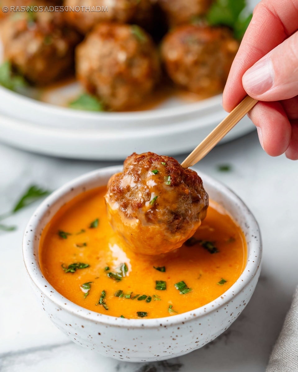 A close-up image shows a small brown meatball held by a woman's hand with a wooden pick, partially dipped in a bowl of bright orange sauce with a smooth texture and small green herb pieces scattered on top. The bowl is white with speckled spots and sits on a white marbled surface. In the background, there are more meatballs on a white plate, and some green herbs are placed near the bowl on the marbled surface. The photo taken with an iphone --ar 4:5 --v 7