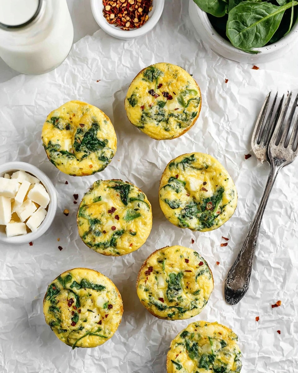 Eight mini egg muffins with green spinach pieces mixed inside are placed directly on crinkled white parchment paper on a white marbled surface. The muffins are yellow with green spots, showing a fluffy texture. Around the muffins are small white bowls: one with red pepper flakes at the top, one with white cheese at the bottom left, and a silver measuring cup filled with spinach leaves on the right. Two silver forks lie on the right side, with a glass bottle of milk partially visible on the left. A few red pepper flakes are scattered on the surface. Photo taken with an iphone --ar 4:5 --v 7