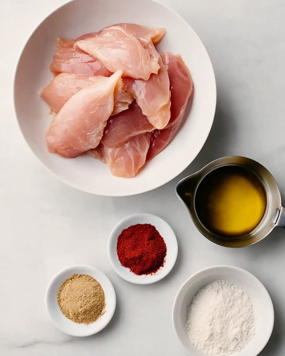 A white bowl filled with several pieces of raw pink chicken fillets sits on a white marbled surface. To the right, there is a small metal measuring cup filled with golden oil, and below that, a white bowl containing four different spices arranged in small piles: red, light brown, white, and beige. Another small white bowl with a white powdery substance is placed below the chicken bowl, completing the ingredients arrangement. The photo taken with an iphone --ar 4:5 --v 7