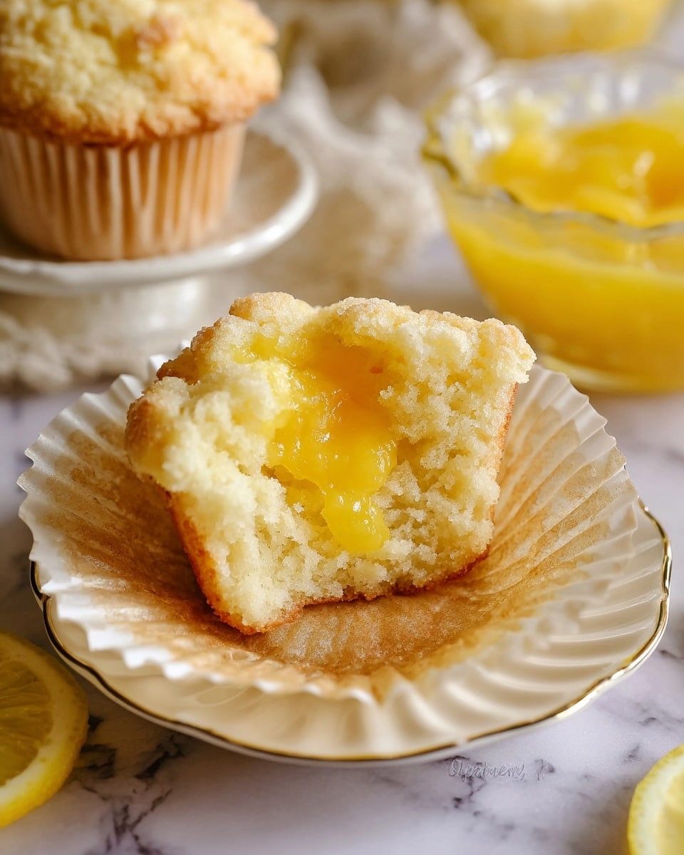 The image shows several lemon muffins on white plates with one muffin cut in half in the front center. The muffin has a light yellow, soft, and spongy inside with bits of lemon zest and a bright yellow lemon curd spread on top of each half. The outside of the muffins is a pale golden color with crumbly tops, drizzled with white icing. Around the plates are lemon wedges adding pops of vibrant yellow. All is set on a white marbled surface, creating a clean and fresh look. Photo taken with an iphone --ar 4:5 --v 7