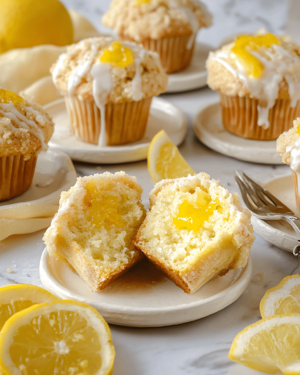 A close-up of a yellow lemon muffin cracked open, showing the soft, light beige crumb inside and a bright yellow lemon filling in the middle, placed on a white scalloped ceramic plate. The muffin liner is light beige with crumpled edges. To the left, part of a peeled lemon wedge is visible. In the blurred background, another whole muffin in a liner sits on a white scalloped plate next to a glass bowl filled with bright yellow lemon curd or sauce, all resting on a white marbled surface. Photo taken with an iphone --ar 4:5 --v 7