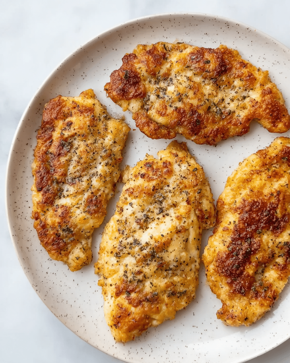 Four pieces of golden brown fried chicken fillets are placed on a round white plate with small speckles. Each piece has a slightly different shape and size, with a crispy texture and visible black pepper and herb seasoning across the surface. The chicken pieces have a mix of light and darker browned spots, showing a well-cooked crust. The plate is set against a white marbled background. photo taken with an iphone --ar 4:5 --v 7