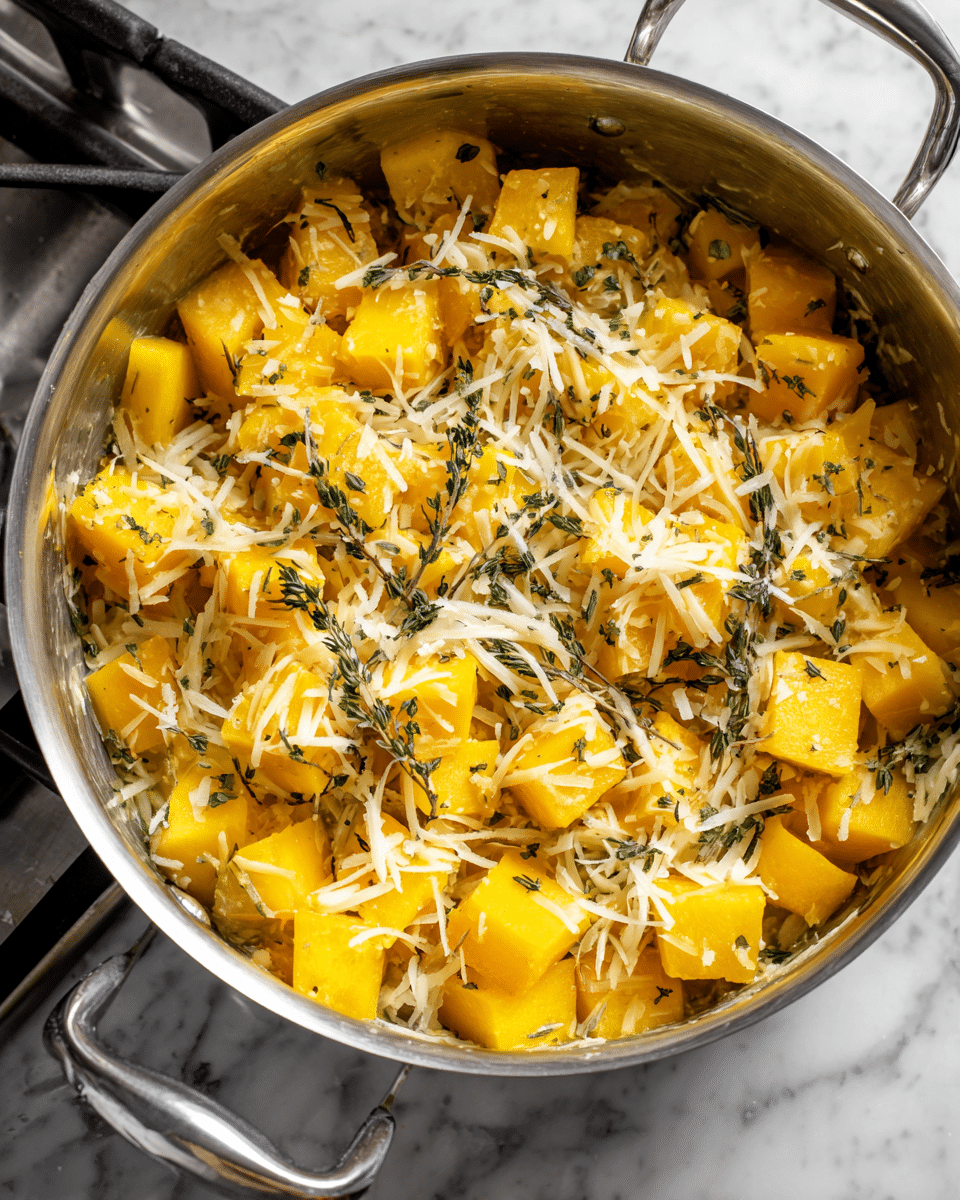 The image shows a close-up of a silver pot filled with cooked yellow cubed squash mixed with white shredded cheese and small sprigs of dark green herbs scattered on top. The squash pieces are soft and vibrant, resting evenly among the melted cheese, which is stringy and slightly clumped. The herbs add a textured look with their small leaves and stems spread throughout the dish. The pot sits on a white marbled surface with a stove visible beneath it. photo taken with an iphone --ar 4:5 --v 7