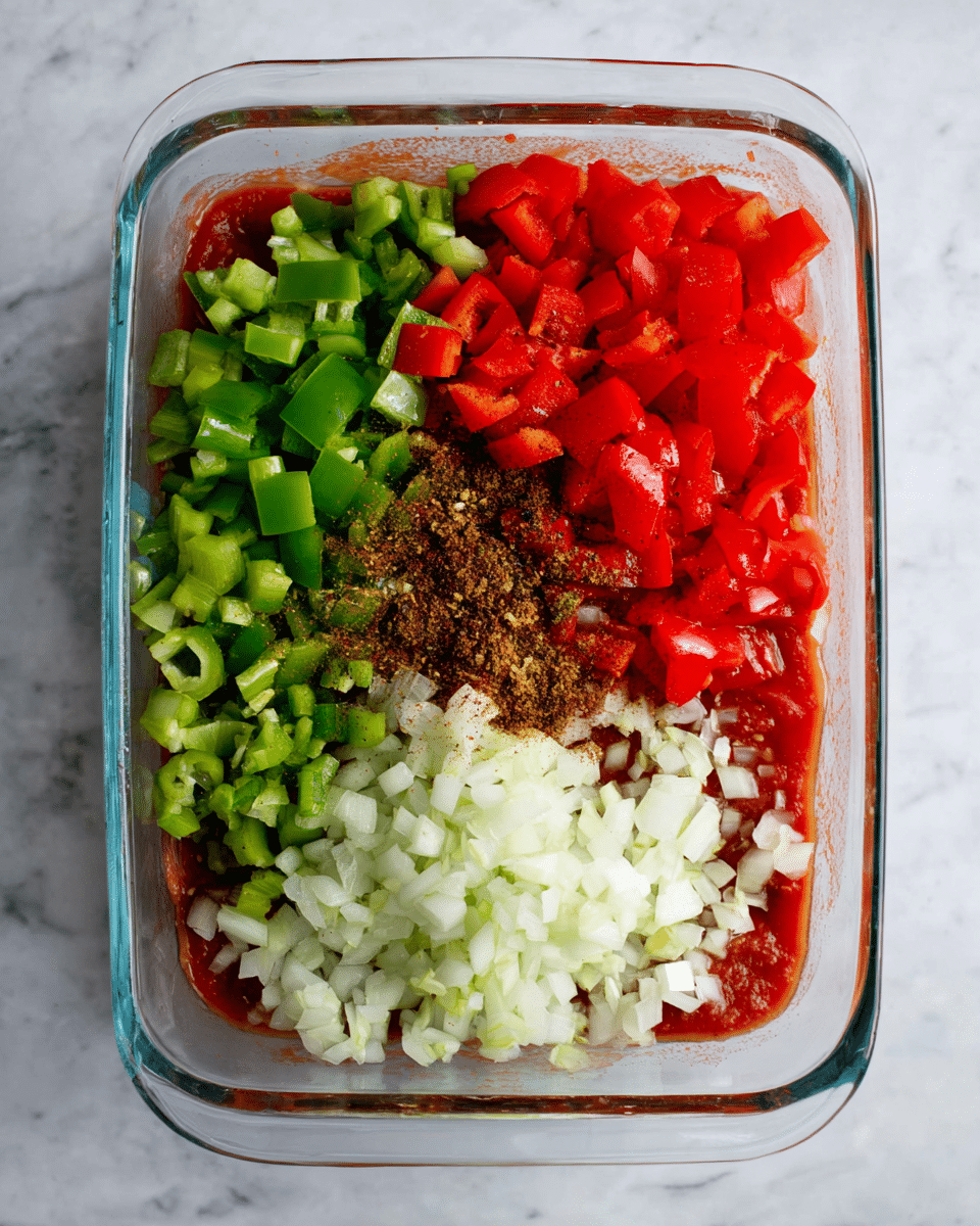 A clear glass rectangle dish sits on a white marbled surface, filled with several layers of ingredients arranged in neat sections on top of a red tomato base. The top layer has four distinct parts: bright green diced green bell peppers in the upper left, bright red diced red bell peppers mixed with small bits of white onion in the upper right, a large pile of finely chopped white onion in the bottom center, and a sprinkling of dark brown spices sprinkled mostly over the center-left. The ingredients are fresh and colorful, clearly separated with no mixing yet. Photo taken with an iphone --ar 4:5 --v 7