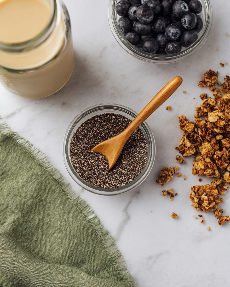 A small clear glass bowl filled with dark brown and black chia seeds with a wooden spoon resting inside, a second clear bowl to the top right contains shiny dark blueberries, a glass jar with a beige liquid is to the top left, and some clusters of golden brown granola lie scattered to the bottom right on a white marbled surface, a green fabric with frayed edges is placed towards the bottom left corner, photo taken with an iphone --ar 4:5 --v 7