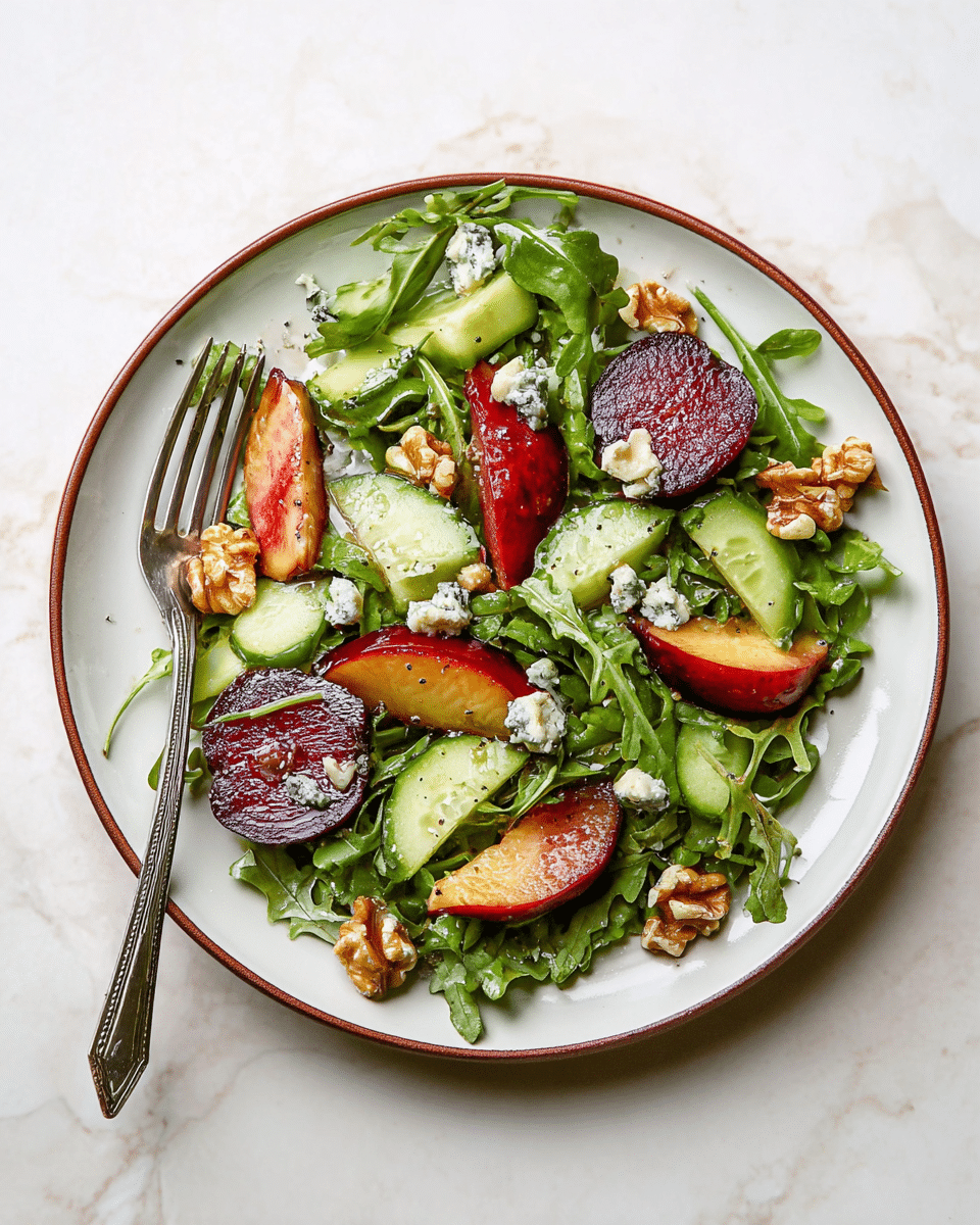 A fresh salad is served in a white plate with a brown rim, placed on a white marbled surface. The salad has several layers: a base of bright green arugula leaves, slices of red and purple plums spread evenly, chunks of light green cucumber, small pieces of blue cheese with a creamy texture and specks of blue mold, and golden brown walnuts scattered on top. A silver fork rests on the left side of the plate, with the tines partially inside the salad. The salad looks fresh and colorful, with a light dressing that makes the leaves shine. Photo taken with an iphone --ar 4:5 --v 7