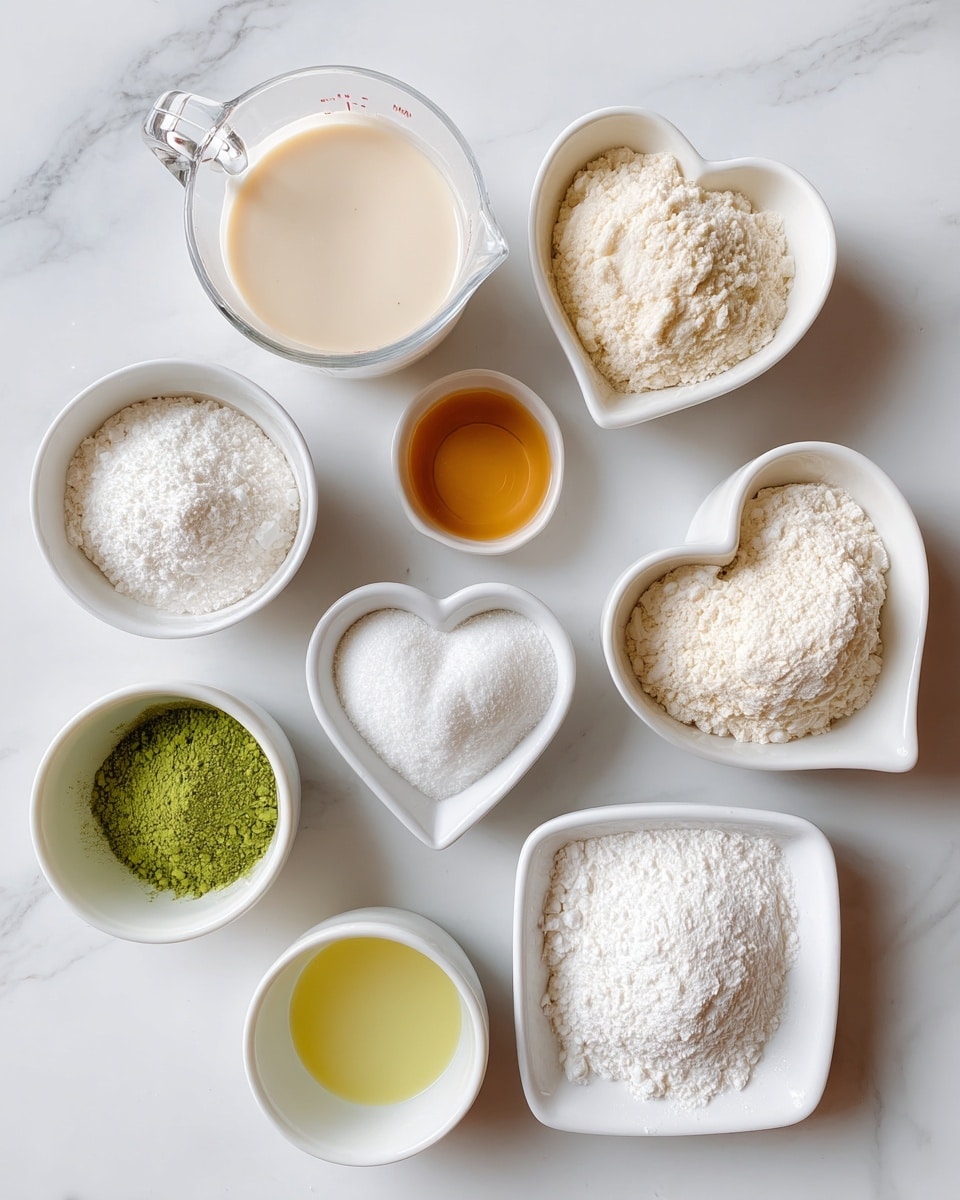 The image shows eight small bowls arranged on a white marbled surface, each filled with different baking ingredients. On the top left, a clear glass measuring cup holds a creamy light beige liquid labeled almond milk. Next to it, a small round white bowl contains a pale golden liquid marked apple cider vinegar. Below that, a tiny white bowl holds a thick golden liquid labeled vanilla. To the right, a white heart-shaped bowl holds a mixture of baking powder, baking soda, and salt in fine white powder. On the bottom right, a white square bowl is heaped with white flour. To its left, a white round bowl contains white granulated sugar. Above that, another white bowl holds bright green matcha powder. On the bottom left, a white bowl contains a clear light yellow liquid labeled oil. The bowls are placed with some space between them on the smooth white marbled surface. photo taken with an iphone --ar 4:5 --v 7