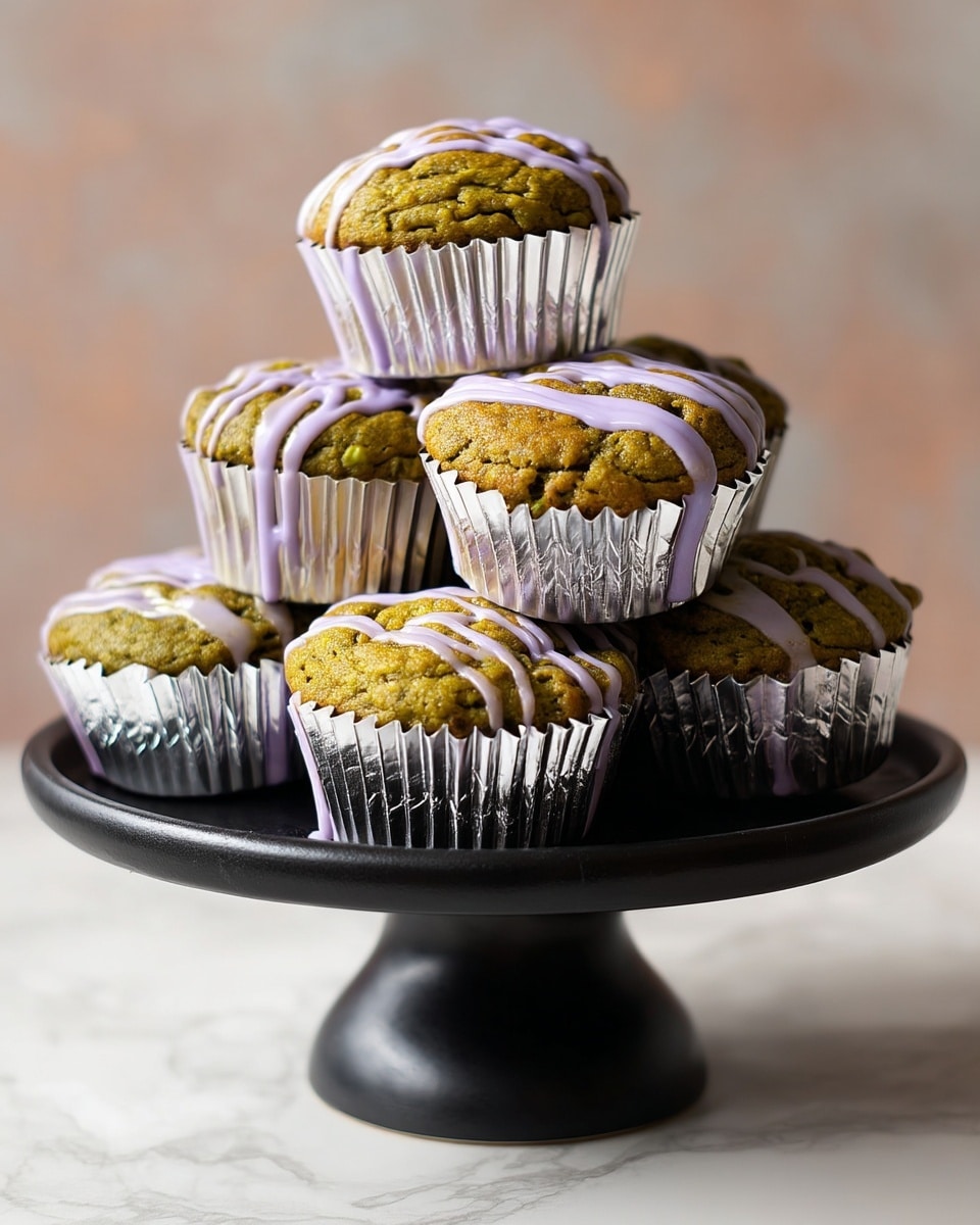 Five green cupcakes with a rough, crumbly texture are arranged on a white marbled surface. Each cupcake is topped with light purple icing drizzled in thin lines. In the center of the arrangement is a small heart-shaped white bowl filled with bright green powder. The colors contrast softly against the clean white marbled background. photo taken with an iphone --ar 4:5 --v 7