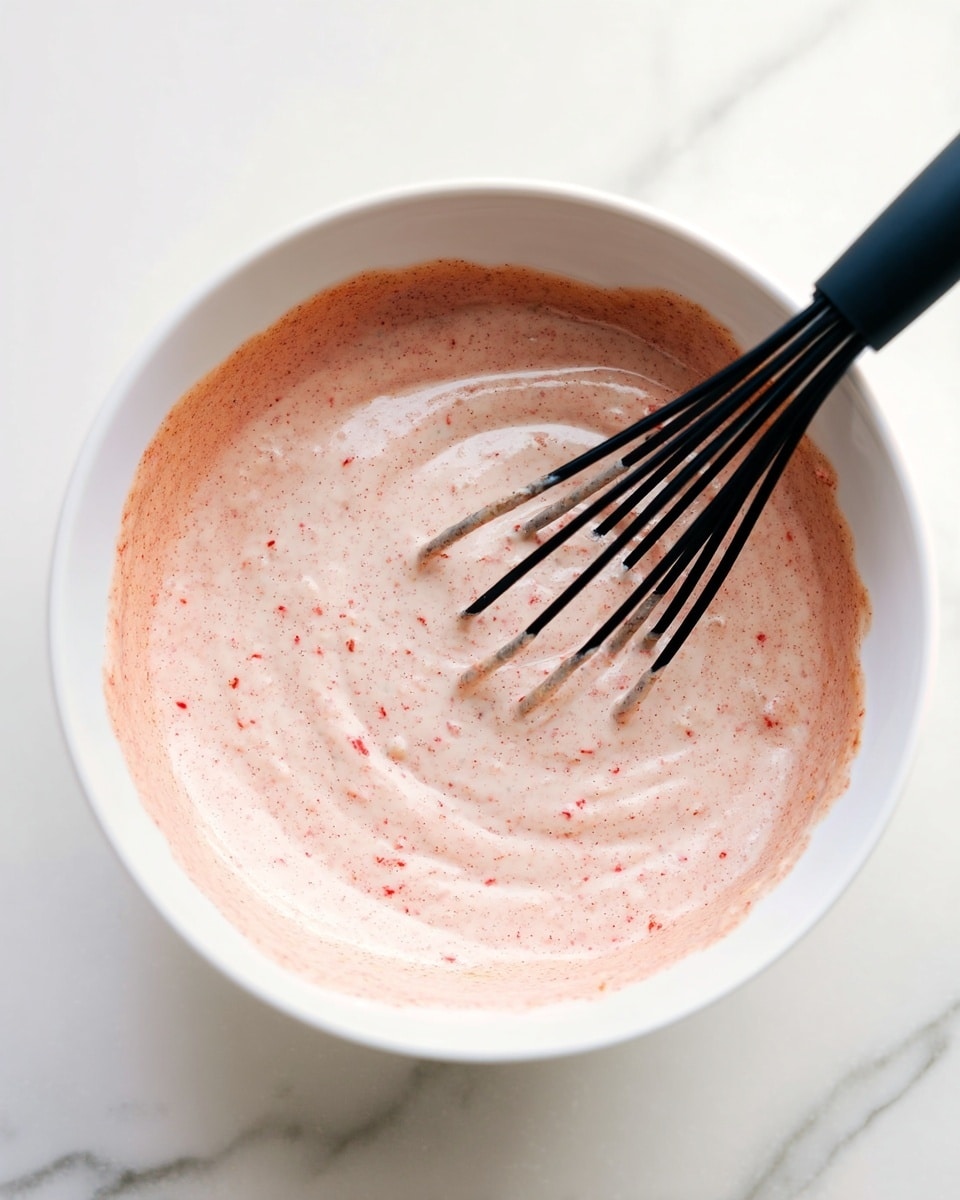 A white bowl sits on a white marbled surface, filled with a single layer of creamy, light pink mixture speckled with fine red bits throughout, giving it a slightly textured look. Inside the bowl, a black whisk with its wires coated in the mixture rests on the right side, partially submerged in the sauce, showing a smooth and glossy texture with gentle swirls and peaks. The overall scene is clean and bright, emphasizing the soft, speckled surface of the sauce. photo taken with an iphone --ar 4:5 --v 7