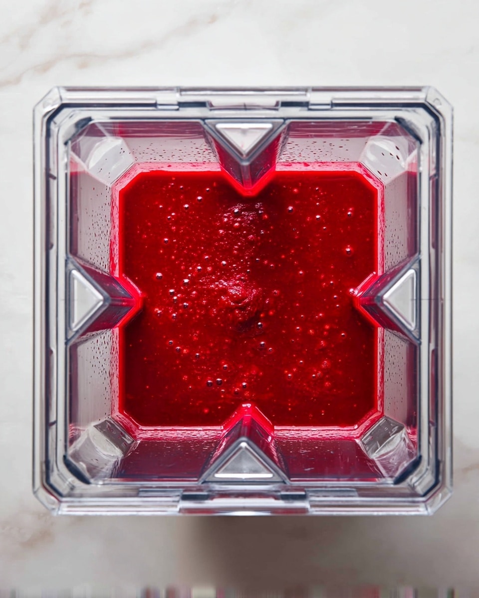 The image shows a top view inside a clear blender container filled with a smooth, thick red sauce or puree. The puree has a rich, even texture with small bubbles and tiny bits throughout, covering the bottom half of the container’s inside. The blender container has a geometric base with multiple sharp-edged panels, and it's set on a white marbled surface. photo taken with an iphone --ar 4:5 --v 7