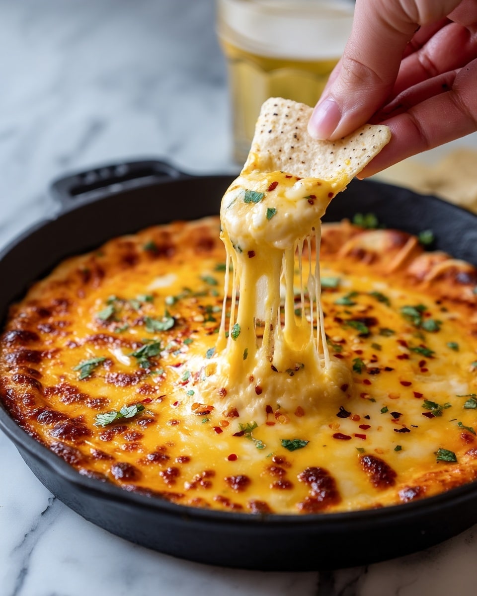 A woman's hand is holding a beige tortilla chip dipped into a thick, melted cheese dip in a black skillet. The dip has a smooth, creamy yellow-orange color with some browned spots on top, sprinkled with small bits of green herbs and red chili flakes, making it look spicy and fresh. The background shows a blurred white marbled surface with a glass of light-colored beverage. The cheese is stretchy, pulling strings from the dip to the chip photo taken with an iphone --ar 4:5 --v 7