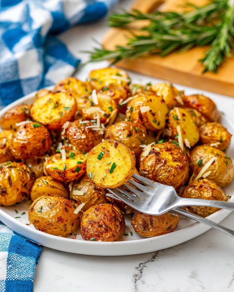 A white plate filled with many roasted small potatoes, each cut in half showing their golden yellow inside with crispy, browned skin speckled with herbs and spices. The potatoes are scattered with thin shreds of light beige cheese and small green parsley leaves for color contrast. The plate sits on a white marbled surface, beside a bowl of shredded cheese, fresh green parsley leaves, and a wooden board with some herbs. A blue and white checkered cloth and white salt and pepper shakers add to the bright and cozy setting. photo taken with an iphone --ar 4:5 --v 7
