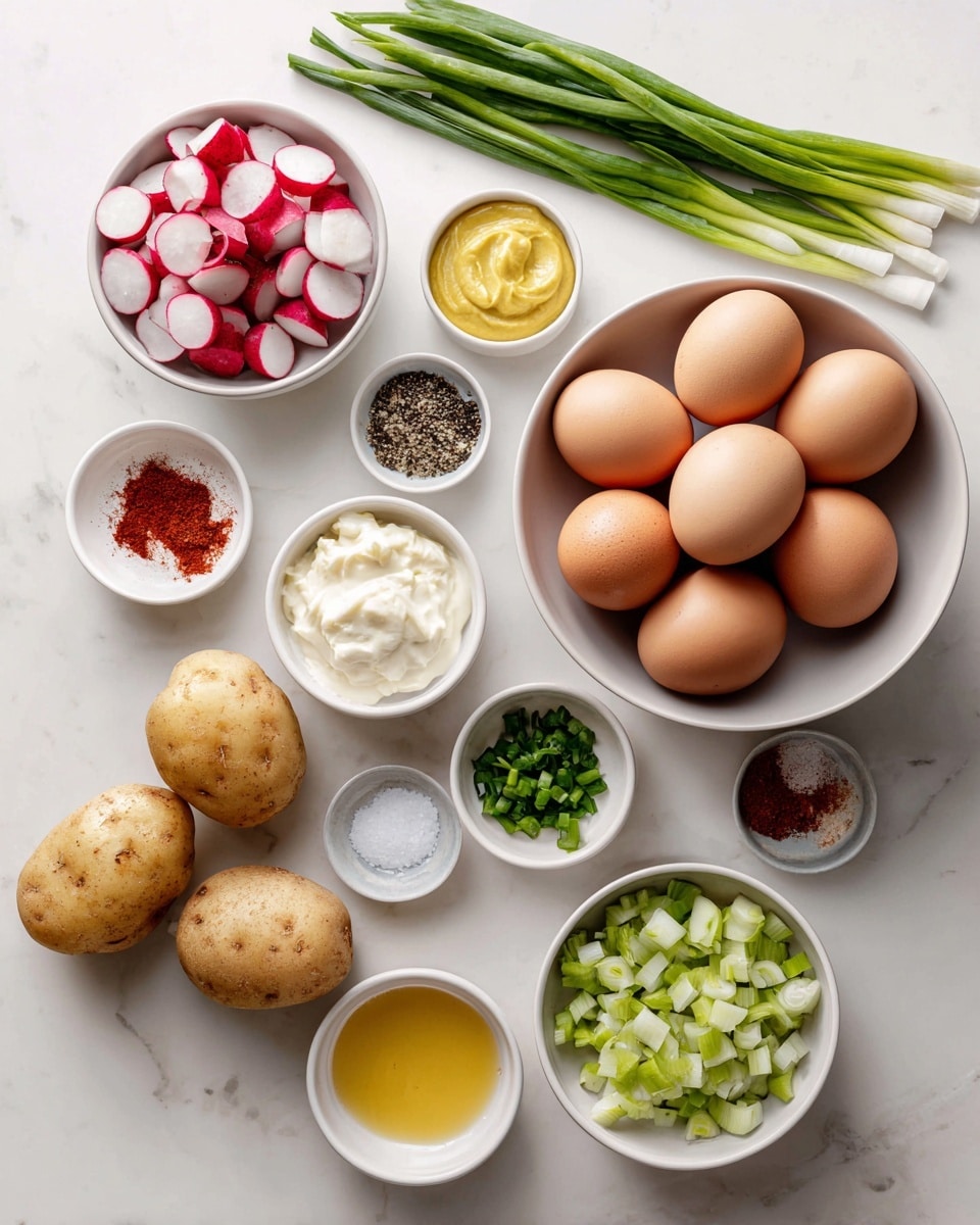 The image shows ingredients for a dish arranged neatly on a white marbled surface. There are four light brown potatoes at the bottom left, next to a small white bowl filled with white mayonnaise. Above the mayonnaise are small white bowls holding chopped white and red radishes, and chopped green celery. To the right is a larger white bowl with seven brown eggs inside. Surrounding the eggs are small bowls containing coarse black pepper, chopped green onions, and reddish paprika powder. At the top center is a small bowl with bright yellow mustard and another small bowl with salt. Green onion stalks rest horizontally above the eggs, completing the arrangement. Photo taken with an iphone --ar 4:5 --v 7