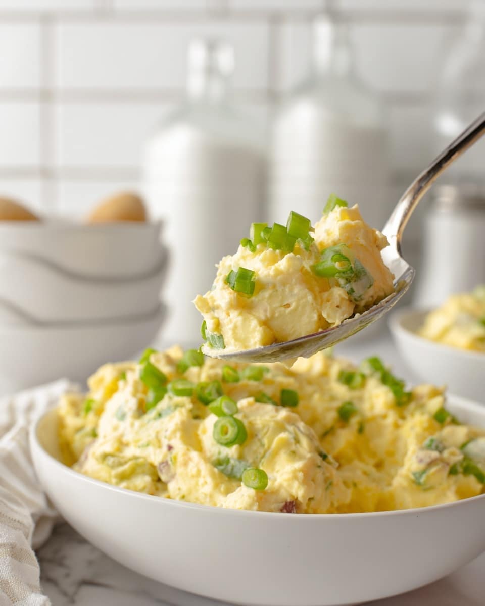 A serving spoon holds a scoop of creamy, pale yellow potato salad mixed with small green onion slices scattered on top and within the salad, showing a smooth and chunky texture. This scoop is raised above a white bowl that is full of the same potato salad, with more green onion pieces visible on the salad surface. The setting includes a soft white marbled surface and a white tiled background, with blurred white bowls and glass jars in the distance giving a clean and bright kitchen feel. Photo taken with an iphone --ar 4:5 --v 7