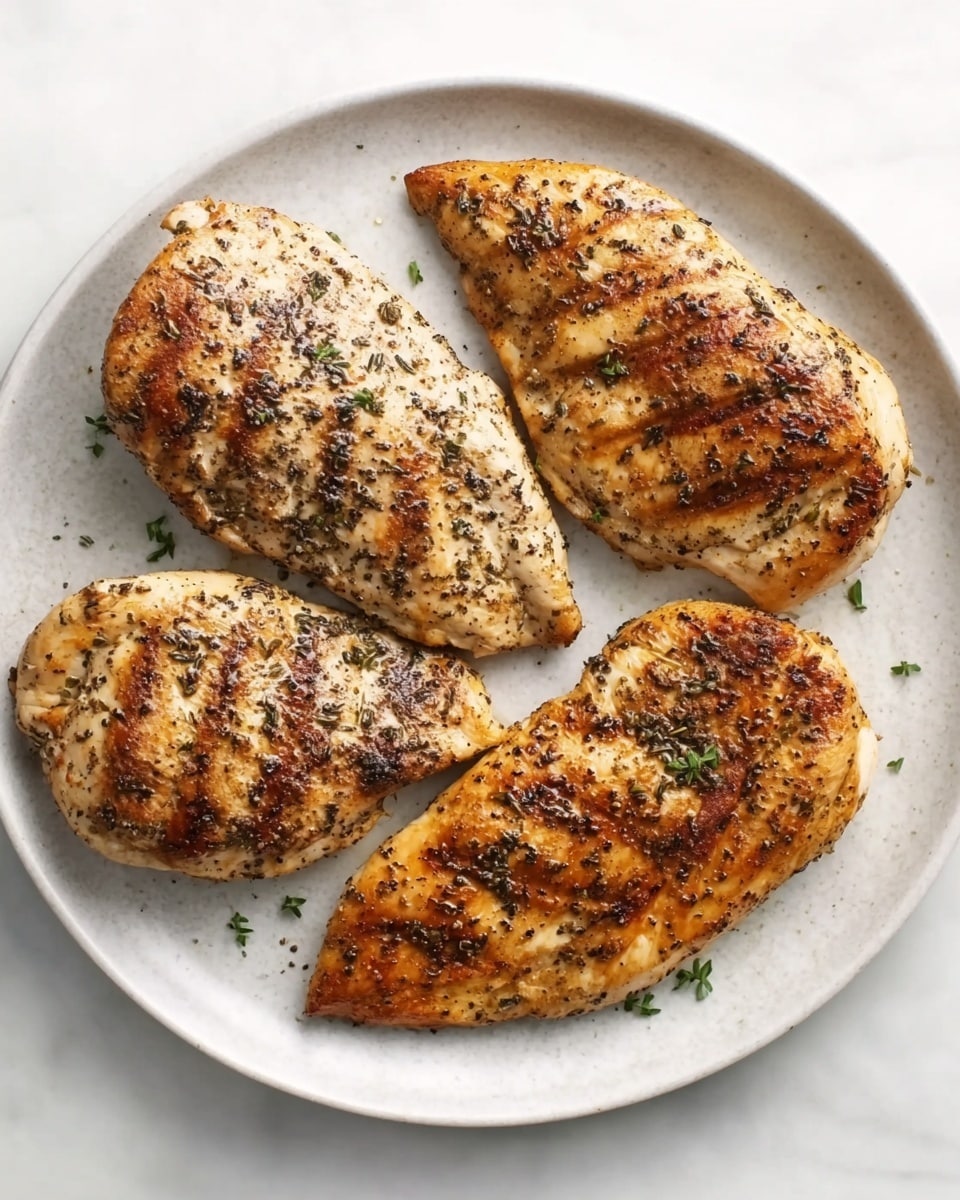 Four cooked chicken fillets are arranged on a round, white plate. Each fillet has a golden-brown color with visible black pepper and herbs sprinkled on top. The texture of the chicken shows slight grill marks and some crisp edges. The plate is placed on a white marbled surface. photo taken with an iphone --ar 4:5 --v 7