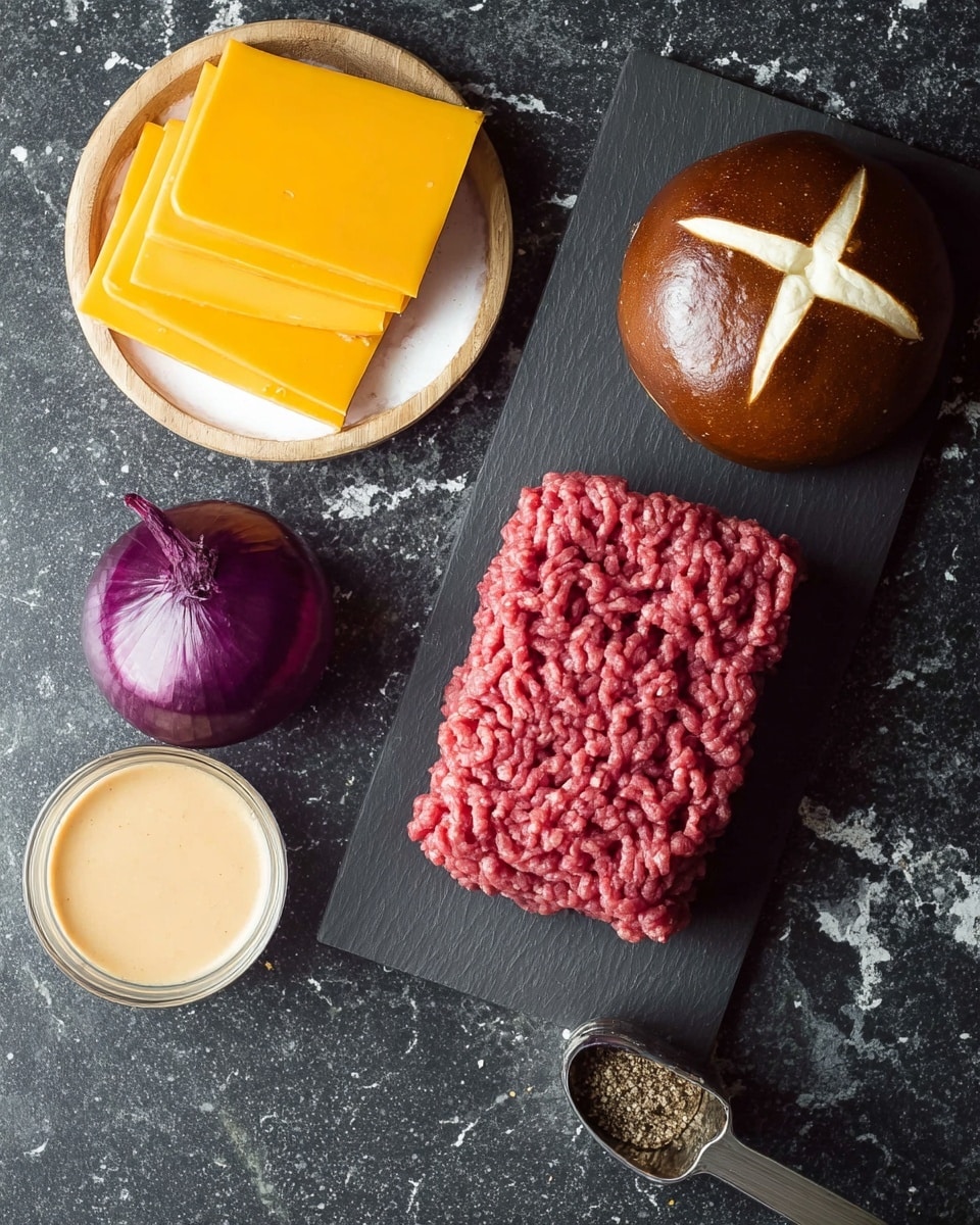 The image shows raw ground beef placed on a dark slate board which sits on a dark scratched surface changed to a white marbled texture. To the top right of the beef, there is a whole round dark brown pretzel bun with a white cross on top. Above the beef to the left, three square slices of bright yellow cheddar cheese are stacked on a white plate with a wood-like texture. To the left of the cheese, there is a shiny, whole deep purple onion with its stem still attached. At the bottom left, a small clear glass bowl holds light beige sauce. At the bottom right, a silver measuring spoon filled with cracked black pepper rests next to the beef. photo taken with an iphone --ar 4:5 --v 7