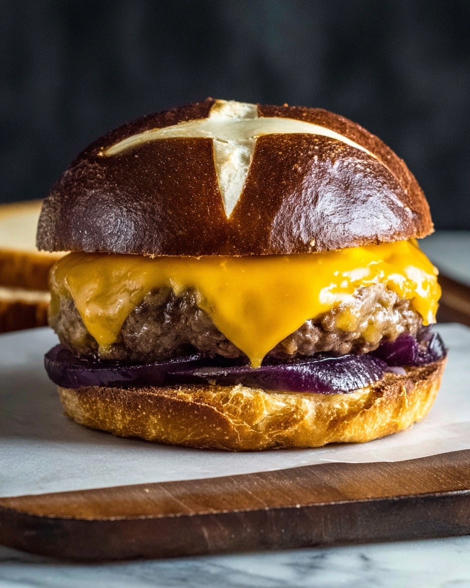 A close-up of a sandwich stacked with four main layers on a white bun with a cross pattern on top; the bottom bun is light brown and fluffy, topped by a thick dark brown patty, then a bright yellow melted cheese slice draped over the patty, followed by a thick layer of melted white cheese slightly dripping down the side, finished with the top bun that is shiny, golden-brown with a pale crack pattern. The sandwich sits on white parchment paper on a wooden board with a white marbled surface in the background. photo taken with an iphone --ar 4:5 --v 7