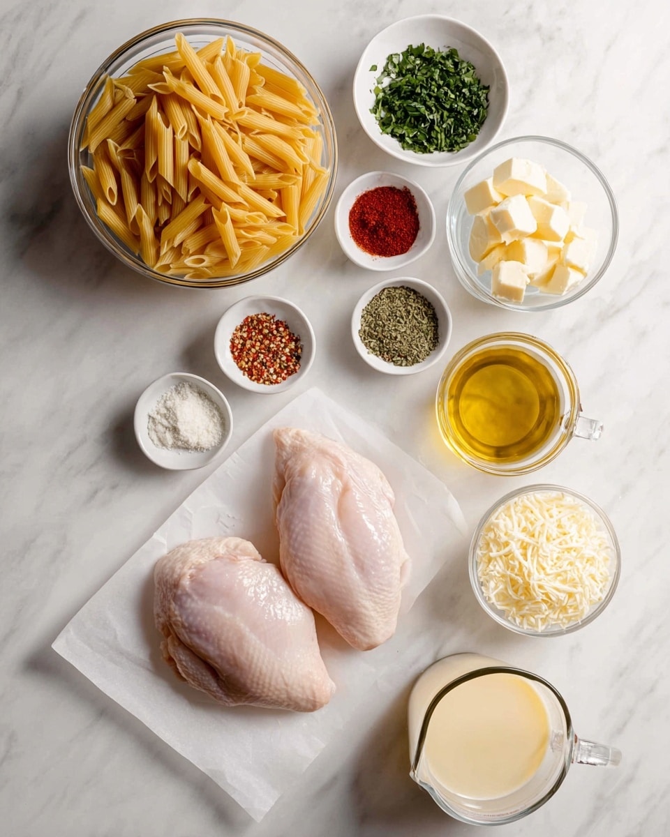 The image shows a white marbled surface with ingredients neatly arranged for cooking. At the bottom, there are two raw chicken pieces placed on white parchment paper. Above them, a clear glass bowl filled with dry penne pasta is visible. Around the pasta bowl, there are small white bowls containing spices including red powder, salt, mixed dried herbs, garlic powder, and red pepper flakes. Chopped green herbs sit in a clear glass bowl near the top, next to a bowl of minced garlic. There are also small bowls with butter and olive oil, a bowl full of grated cheese, and two clear measuring cups—one with light cream and the other with a golden broth. The setup looks clean and organized, photo taken with an iphone --ar 4:5 --v 7