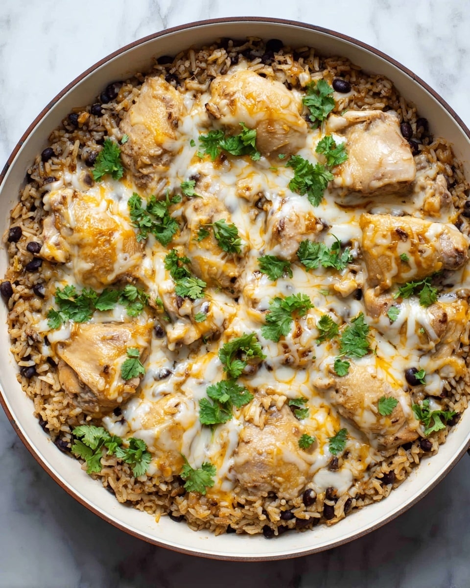 A white round pan filled with a base layer of cooked rice mixed with black beans, creating a textured light brown and black pattern. On top, there are whole cooked chicken pieces with light brown skin arranged evenly in a circular pattern. Over the chicken and rice, there is a generous spread of melted white and orange cheese, giving a soft, slightly stringy look. Small green cilantro leaves are sprinkled on top, adding a fresh pop of color. The pan sits on a white marbled surface. photo taken with an iphone --ar 4:5 --v 7
