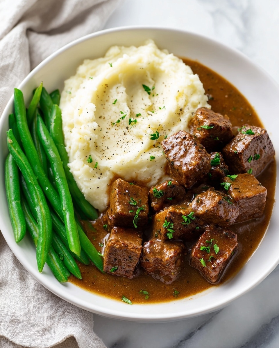 The dish shows a white plate with three main parts: on the left, there is a thick scoop of creamy, pale mashed potatoes with a smooth texture and some black pepper sprinkled on top; on the right side, there are about ten shiny, brown meat cubes covered in a rich brown gravy and sprinkled with small bits of green herbs; at the bottom left, there are long green beans stacked neatly, bright green and fresh looking; all this sits on a white marbled surface with a soft light cloth nearby; photo taken with an iphone --ar 4:5 --v 7