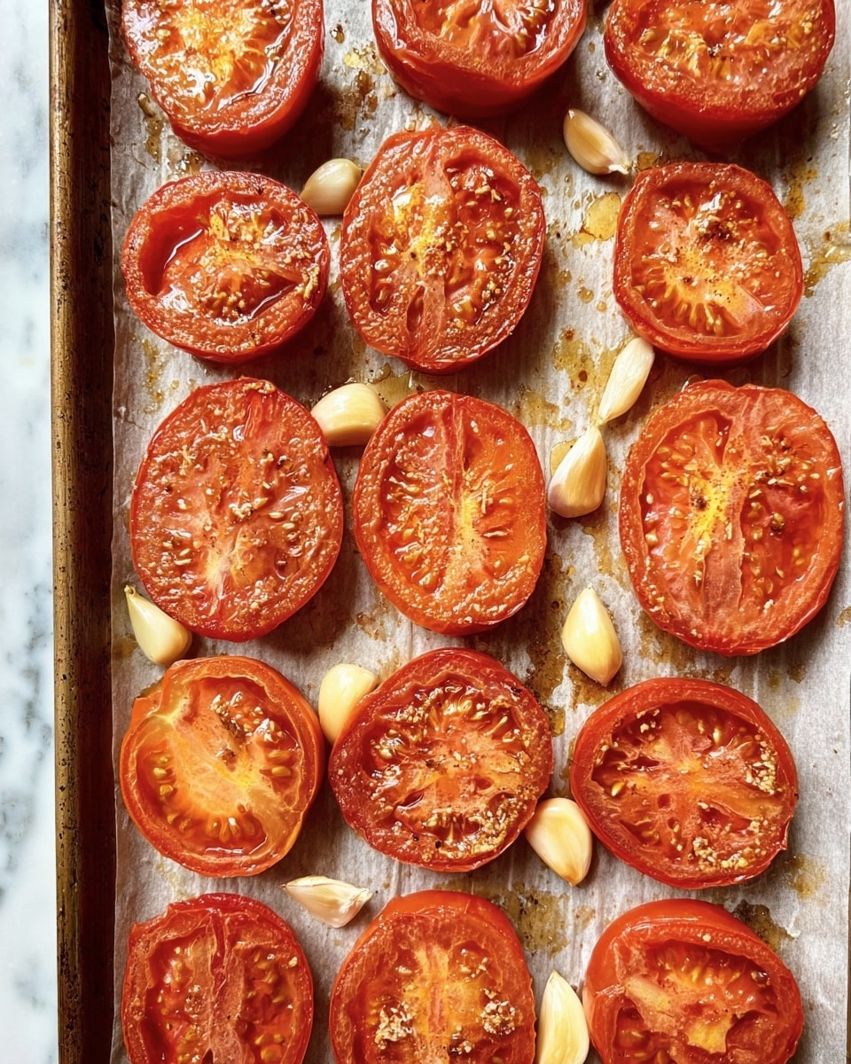 The image shows a baking tray lined with parchment paper holding several halved tomatoes, arranged in rows. Each tomato half is soft and roasted, with a bright reddish-orange color and shiny texture from the cooking oil. Small golden spots show where the heat has caramelized the tomatoes. Scattered between the tomato halves are whole garlic cloves, with smooth, pale yellow skins. The background is a white marbled texture. The photo taken with an iphone --ar 4:5 --v 7