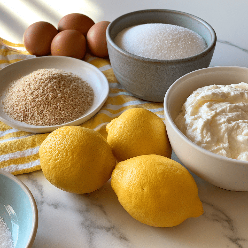 The image shows a collection of baking ingredients arranged on a white marbled surface with a yellow and white striped cloth beneath some items. In the front, there are four bright yellow lemons lined up. Behind the lemons, there is a white bowl filled with a thick white creamy substance on the right side. Next to it, slightly further back, there is a gray ceramic bowl full of white granulated sugar. To the left, a shallow white plate holds a mound of finely ground wheat bran or similar beige powder. Behind the plate, three brown eggs are nestled on the cloth. A small light blue bowl with a white powder, likely salt or baking soda, is visible in the foreground. The setup has a bright and clean look, with natural soft lighting coming from the side. photo taken with an iphone --ar 4:5 --v 7