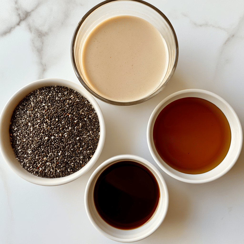 The image shows four small white bowls and a glass cup placed on a white marbled surface. The glass cup at the top center is filled with a smooth, creamy light beige liquid labeled