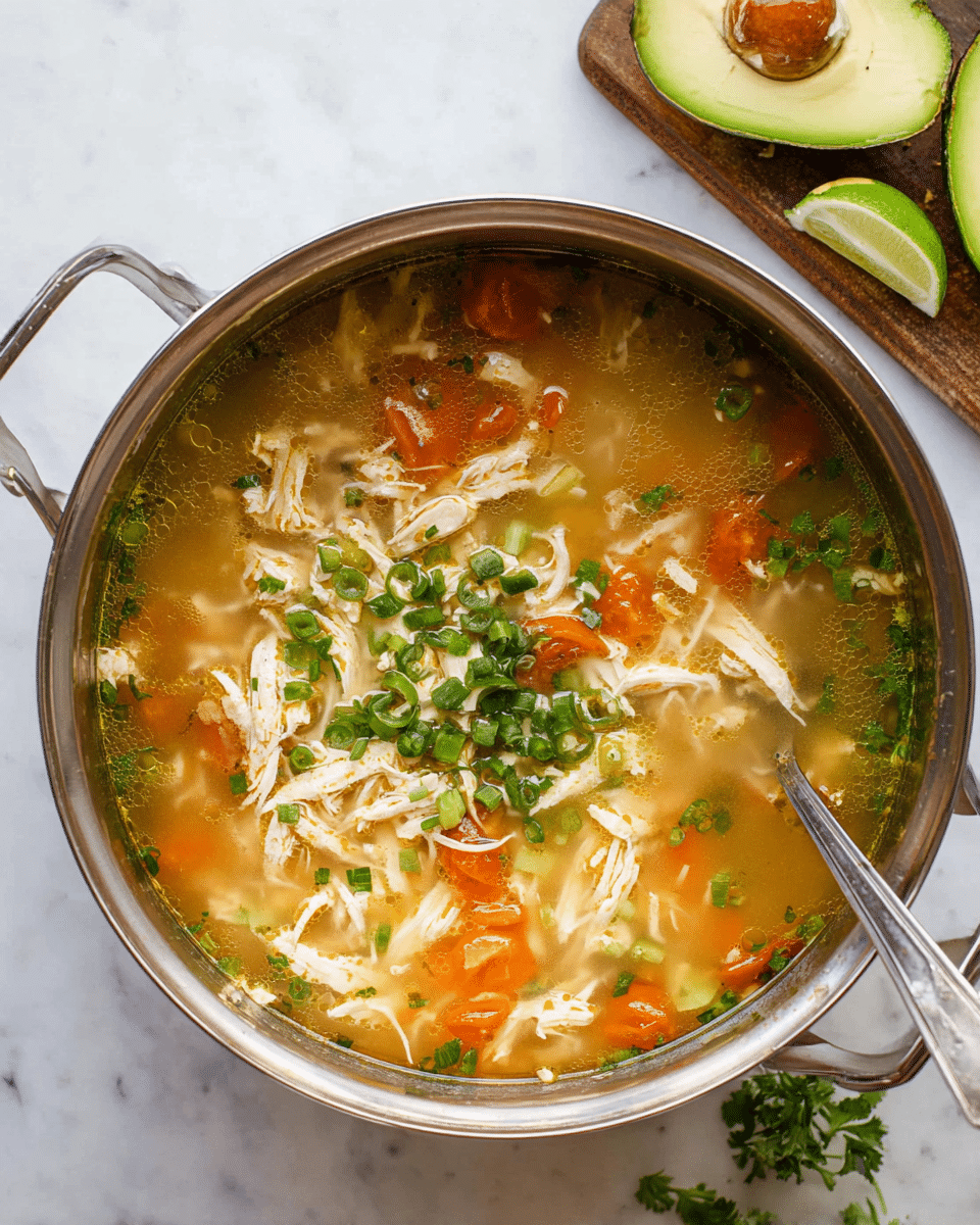 A large metal pot filled with clear broth soup containing shredded white chicken pieces and small chunks of orange tomatoes, topped with scattered bright green chopped scallions. The pot is placed on a white marbled surface, with half an avocado and a wedge of lime nearby. The soup looks light with visible small vegetable bits, creating a colorful mix of orange, green, and white within the broth. A metal spoon is partially dipped into the soup on the right side of the pot. Photo taken with an iphone --ar 4:5 --v 7