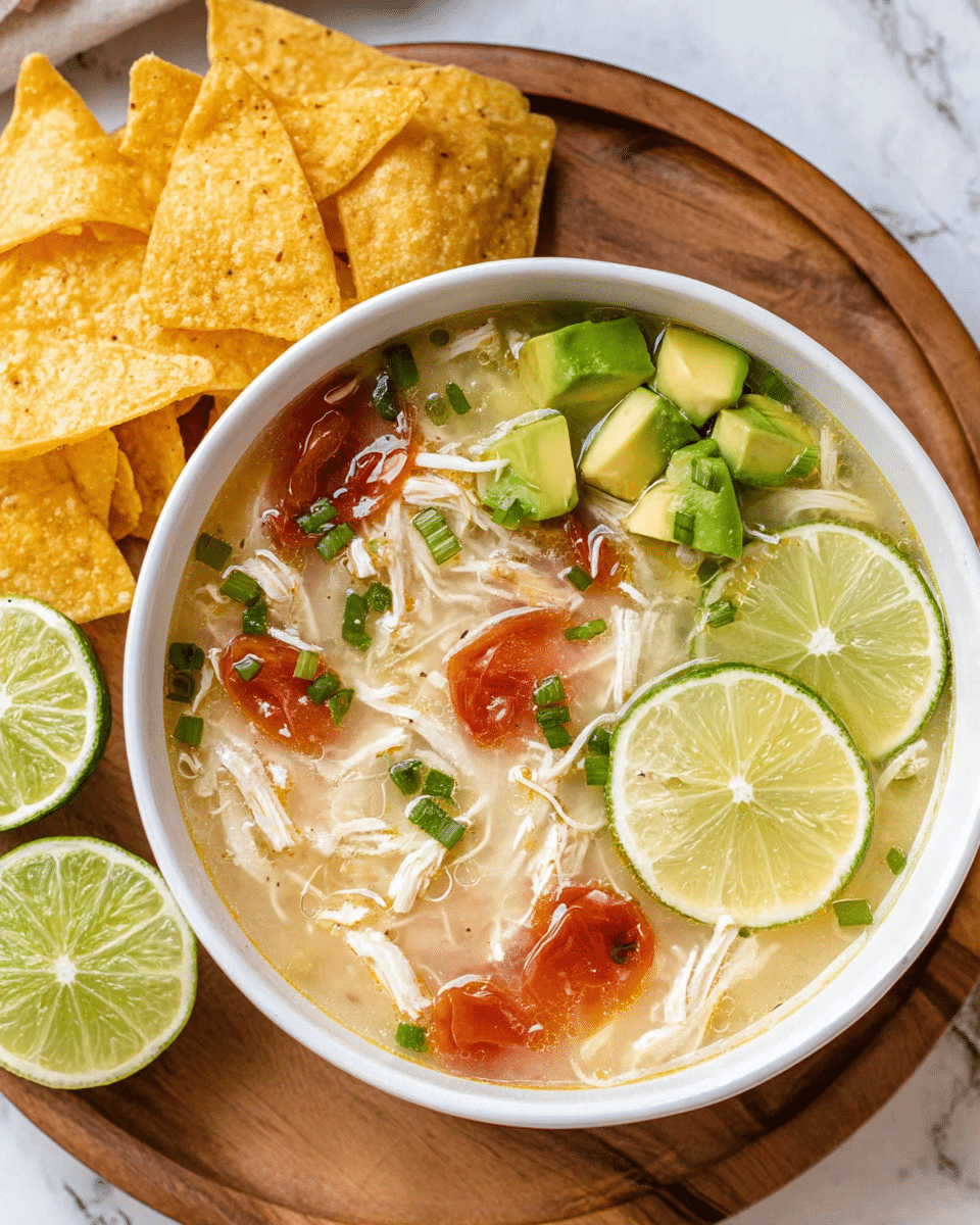 A white bowl is filled with light broth soup which has shredded white chicken and small pieces of red tomatoes floating in it; on one side, there is a pile of pale yellow tortilla chips with some green onion leaves sprinkled on top; on the other side, chunky green avocado pieces rest near two thin lime slices that sit slightly overlapping in the soup, with scattered small bits of green onion and bits of red tomato adding color; the bowl is placed on a wooden round board with a white marbled surface beneath it photo taken with an iphone --ar 4:5 --v 7