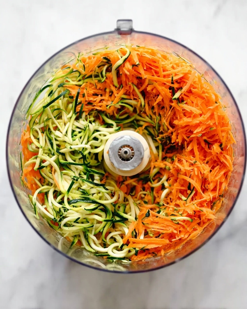 Inside a clear food processor bowl placed on a white marbled surface, there are two layers of shredded vegetables. The first layer is made of thin, curly green zucchini strands with slightly dark green edges. Around and partly on top of this layer, there is a bright orange layer of shredded carrots, both layers mixing gently at the edges. The center shows the round metal blade holder. The colors are fresh and vibrant, with the green and orange strands contrasting well. Photo taken with an iphone --ar 4:5 --v 7