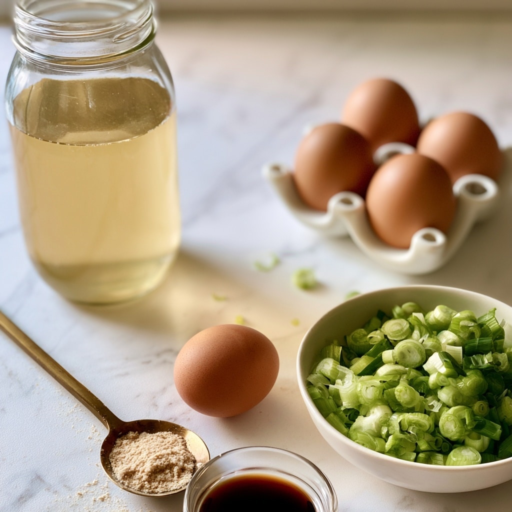 A clear glass jar filled with a light yellow liquid stands on a white marbled surface to the left. To the right, there are three brown eggs placed in a white egg holder with three circular openings, and an additional brown egg is lying flat on the surface near the bottom center. In front of the eggs is a white bowl filled with chopped green onions showing different shades of green. Near the front center, a brass spoon holds some fine beige powder next to a small clear dish containing a dark brown liquid. The overall scene is bright with a soft focus, arranged neatly on a white marbled table, photo taken with an iphone --ar 4:5 --v 7