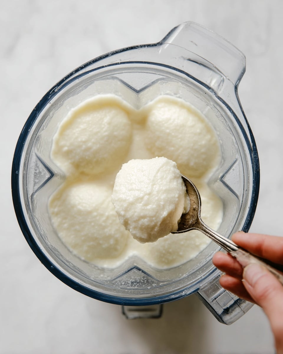 A clear blender container holds a thick, creamy white mixture with a smooth yet slightly grainy texture. There are four distinct round sections of the mixture inside the blender, evenly spaced and pale in color. A vintage silver spoon lifts a scoop of the mixture, showing its thick and dense consistency, while a woman's hand holds the spoon from the right bottom corner. The blender sits on a white marbled texture surface, enhancing the clean and fresh look of the scene. Photo taken with an iphone --ar 4:5 --v 7