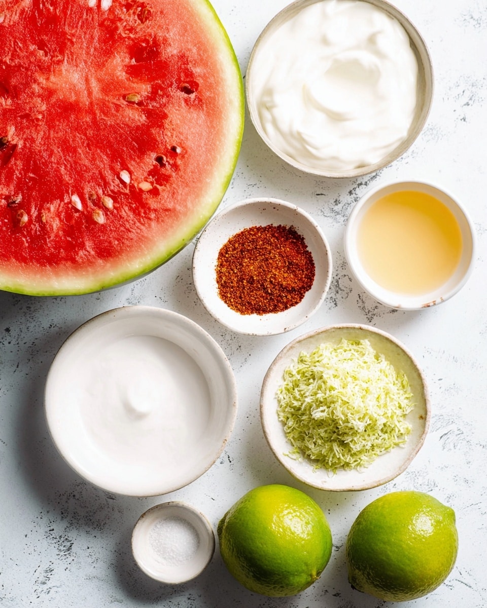 A close-up layout of fresh ingredients is shown on a white marbled surface, featuring a large half watermelon with bright red flesh and white seeds on the top left. Next to it, there are several small white bowls containing different elements: a smooth white creamy layer, a bowl with red chili powder, a bowl filled with finely grated pale green zest, and a bowl with a light golden liquid. Below, two green limes, one whole and one cut in half showing the inside texture, sit on the surface. The textures vary from smooth and creamy to finely shredded and powdery, all arranged in a neat and organized way. Photo taken with an iphone --ar 4:5 --v 7