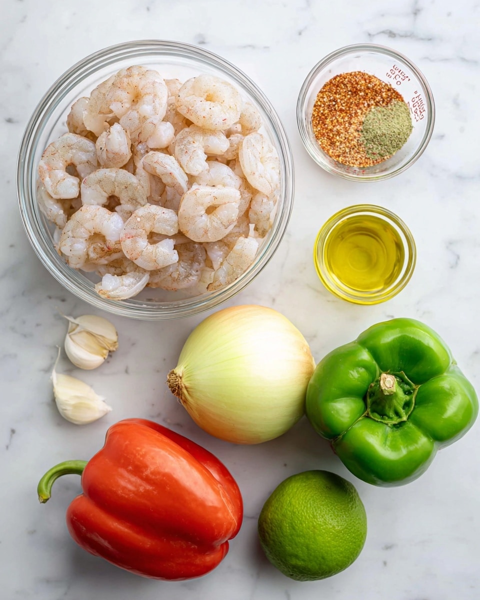 A clear glass bowl filled with pale pink raw shrimp sits on a white marbled surface, next to a whole yellow onion with a smooth, glossy skin. There are two cloves of garlic between the onion and a small clear container of seasoning mix topped with a sprinkle of reddish spice. A small clear measuring cup holds golden yellow oil nearby. On the right side of the frame, a whole bright green lime rests beside a shiny green bell pepper and a vibrant red bell pepper with a green stem. The items are evenly spaced on a clean white marbled background photo taken with an iphone --ar 4:5 --v 7