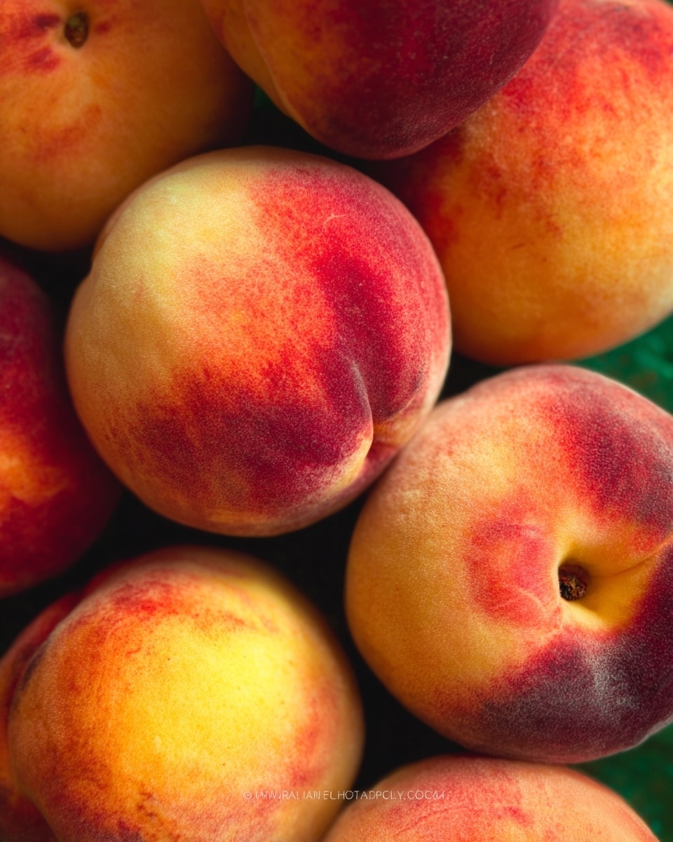 The image shows a close-up of several whole ripe peaches stacked together. Each peach has a fuzzy texture with a round shape and a mix of yellow, orange, and red colors blending softly on their skin. The peaches have slight dimples in the middle, showing where the stem was attached. The background is blurred green, making the warm colors of the peaches stand out more. The peaches fill the entire image, showing their soft and fresh look. photo taken with an iphone --ar 4:5 --v 7