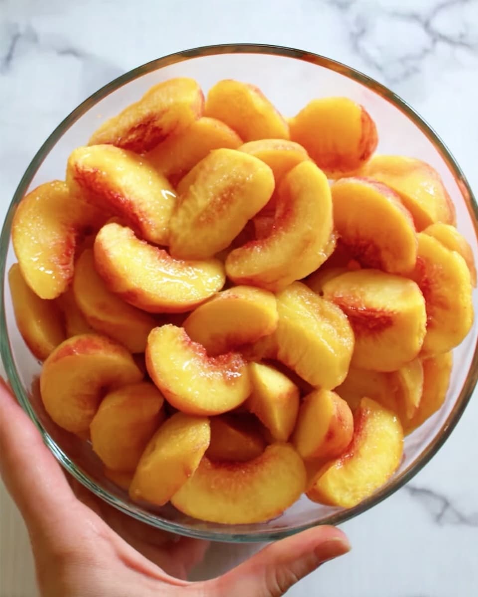 A clear glass bowl filled with many small peach slices that are soft yellow with touches of red near the middle, showing the fruit's natural texture and slight shine. The bowl is held from the sides by a woman's hand, and the background is a white marbled texture. The image is close-up, focusing mostly on the bowl and peach slices inside. photo taken with an iphone --ar 4:5 --v 7