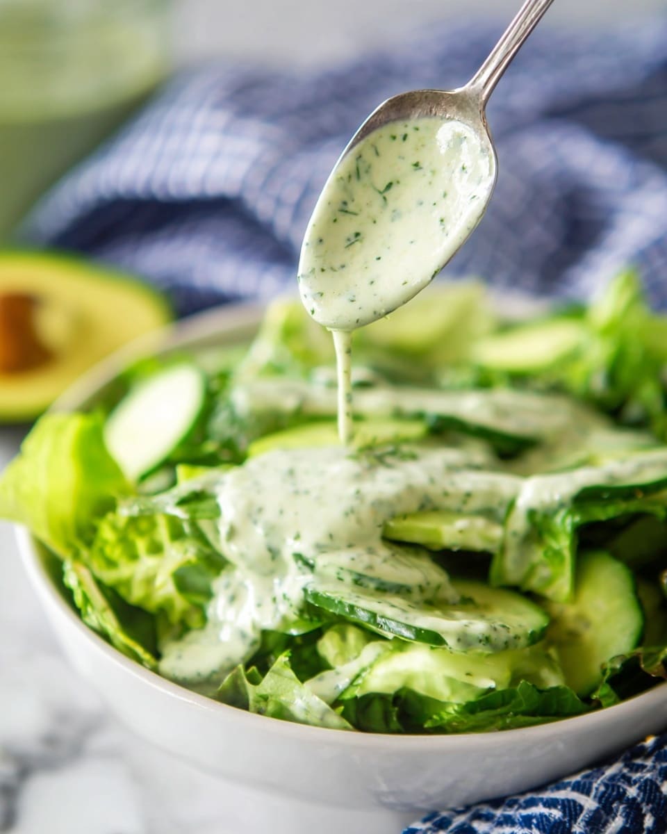 A close-up image of a fresh green salad in a white bowl on a white marbled surface, showing layers of bright green lettuce and cucumber slices at the bottom, with creamy light green dressing that has small green herb bits being poured from a silver spoon held above, the dressing dripping down onto the salad leaves. In the background, slightly blurred, there are some avocado slices and a blue-and-white checkered cloth. photo taken with an iphone --ar 4:5 --v 7