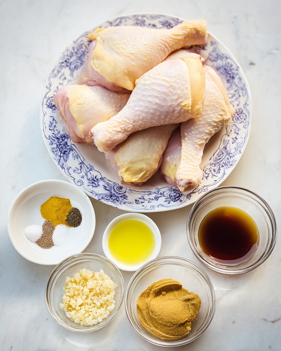 A white plate with blue floral details holds seven raw chicken drumsticks arranged in a slightly overlapping way, showing the pale pink flesh and light yellow skin textures. Below, there are six small white dishes and clear glass bowls forming two rows: from left to right in the first row are a small dish with three spices in layers of white, yellow, and black, a dish with pale yellow liquid, and a dish with dark brown liquid. The second row has a small dish with finely chopped yellow garlic, a clear glass bowl filled with thick yellow mustard, and a clear glass bowl filled with brown sugar. The whole setup is on a white marbled surface, with soft natural light. photo taken with an iphone --ar 4:5 --v 7